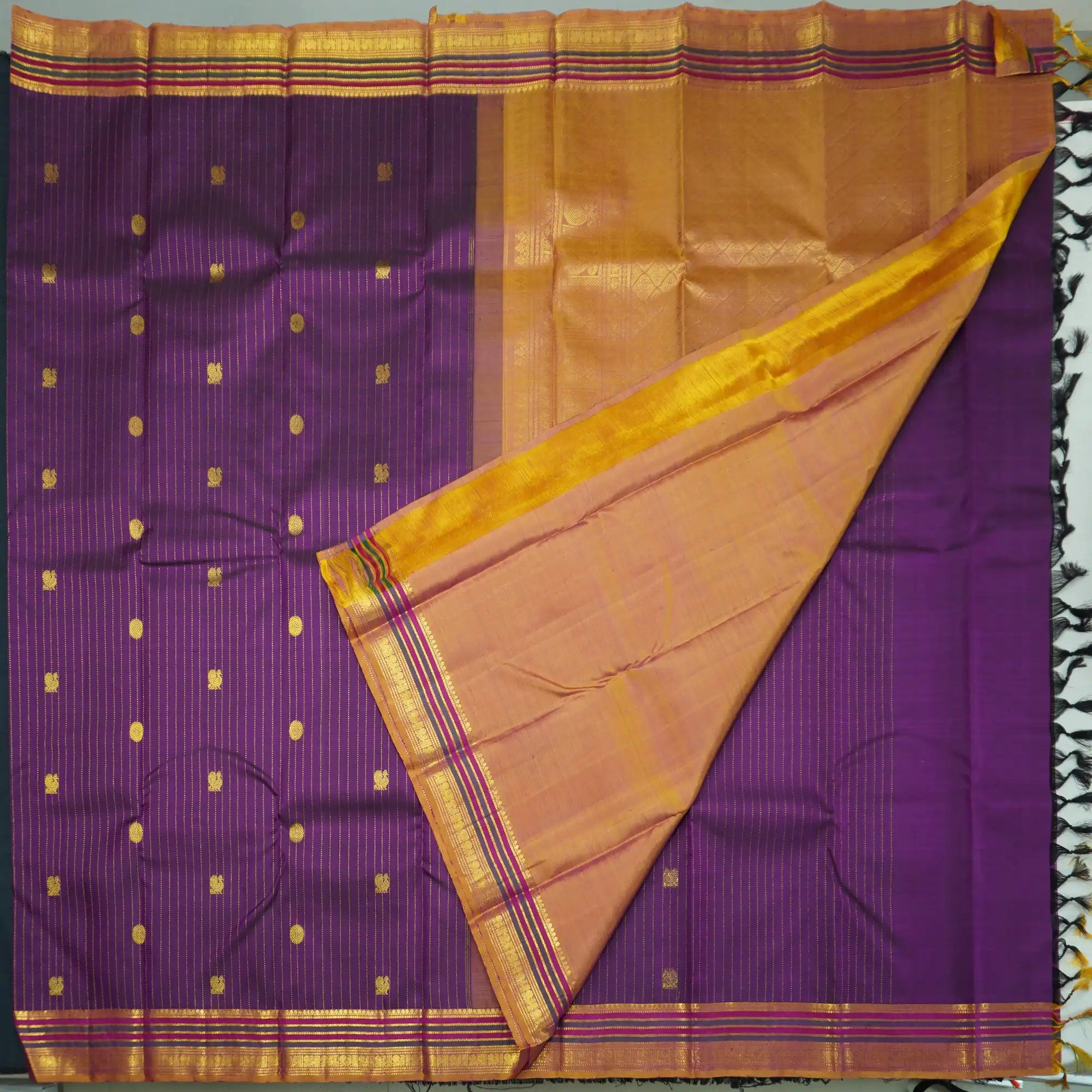 Jamun Kanchipuram Silk Saree with Zari Butta and Fenugreek Threadwork Border