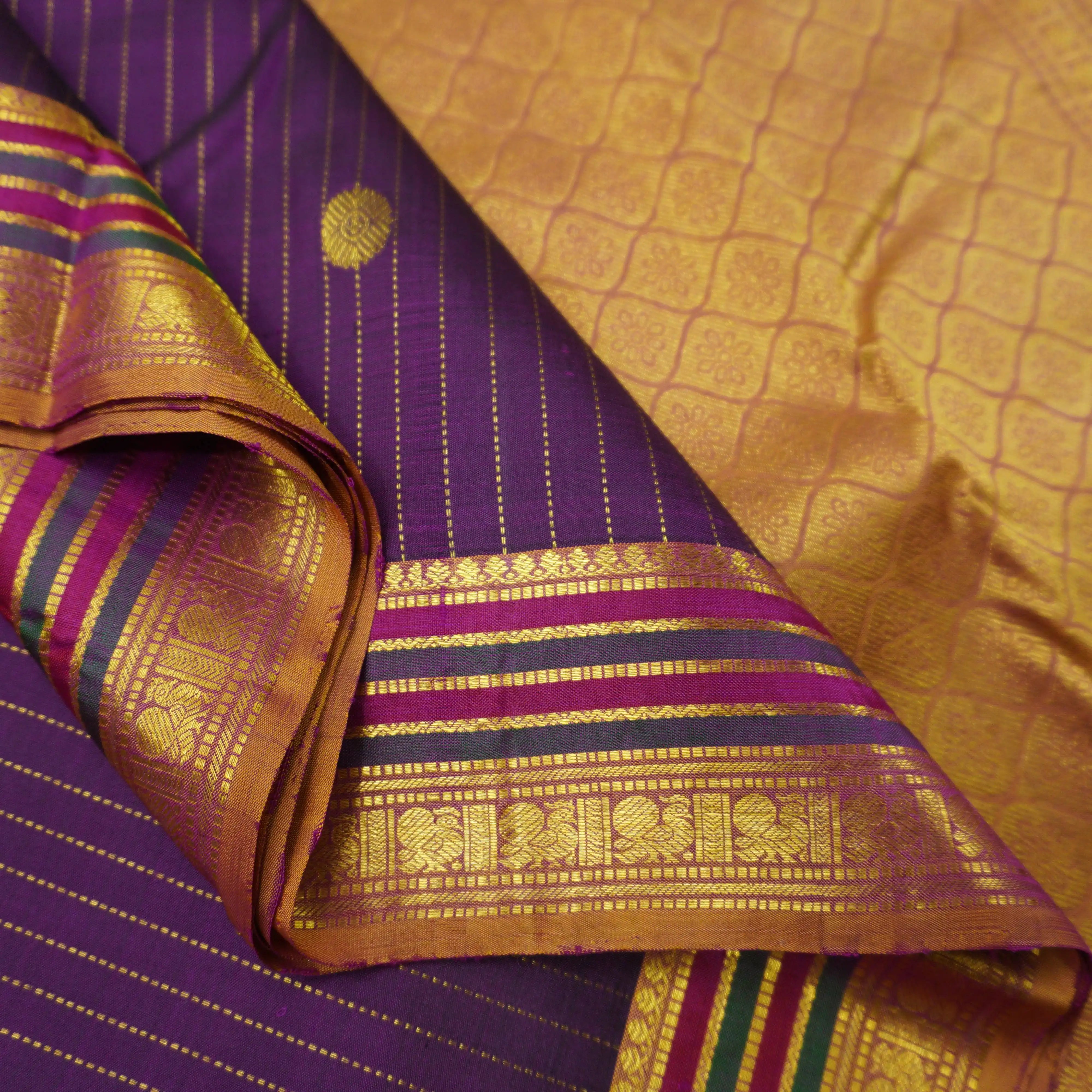 Jamun Kanchipuram Silk Saree with Zari Butta and Fenugreek Threadwork Border