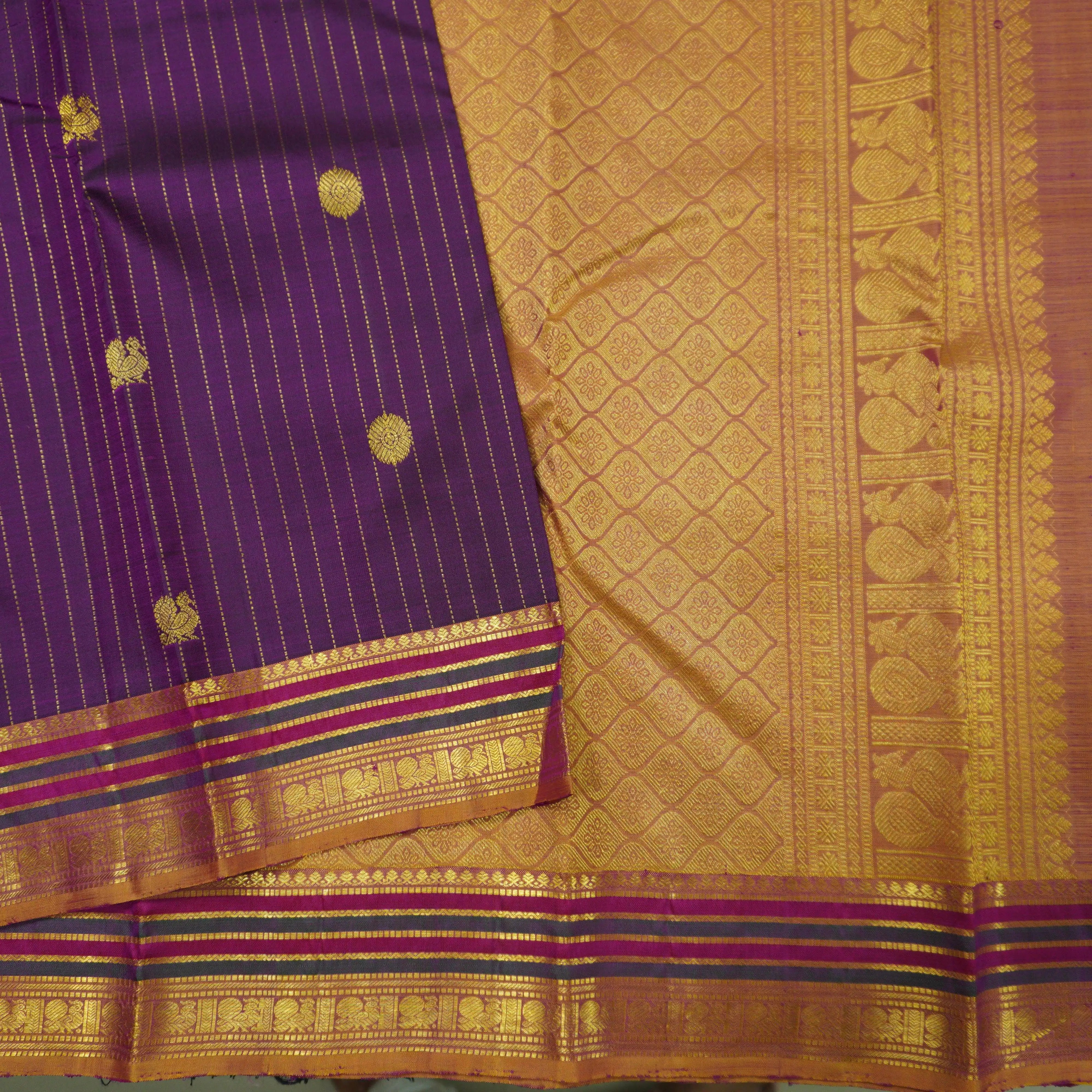 Jamun Kanchipuram Silk Saree with Zari Butta and Fenugreek Threadwork Border