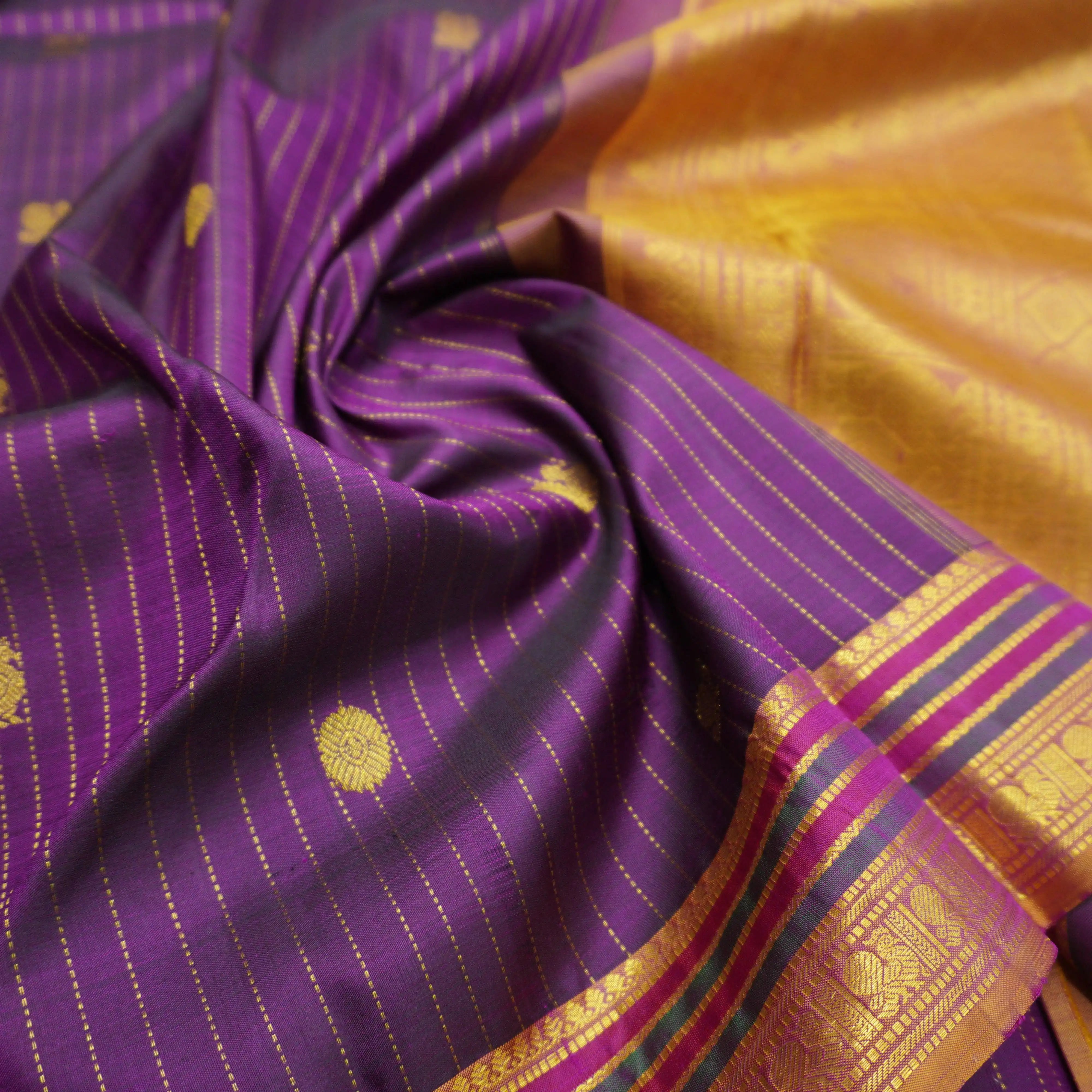 Jamun Kanchipuram Silk Saree with Zari Butta and Fenugreek Threadwork Border