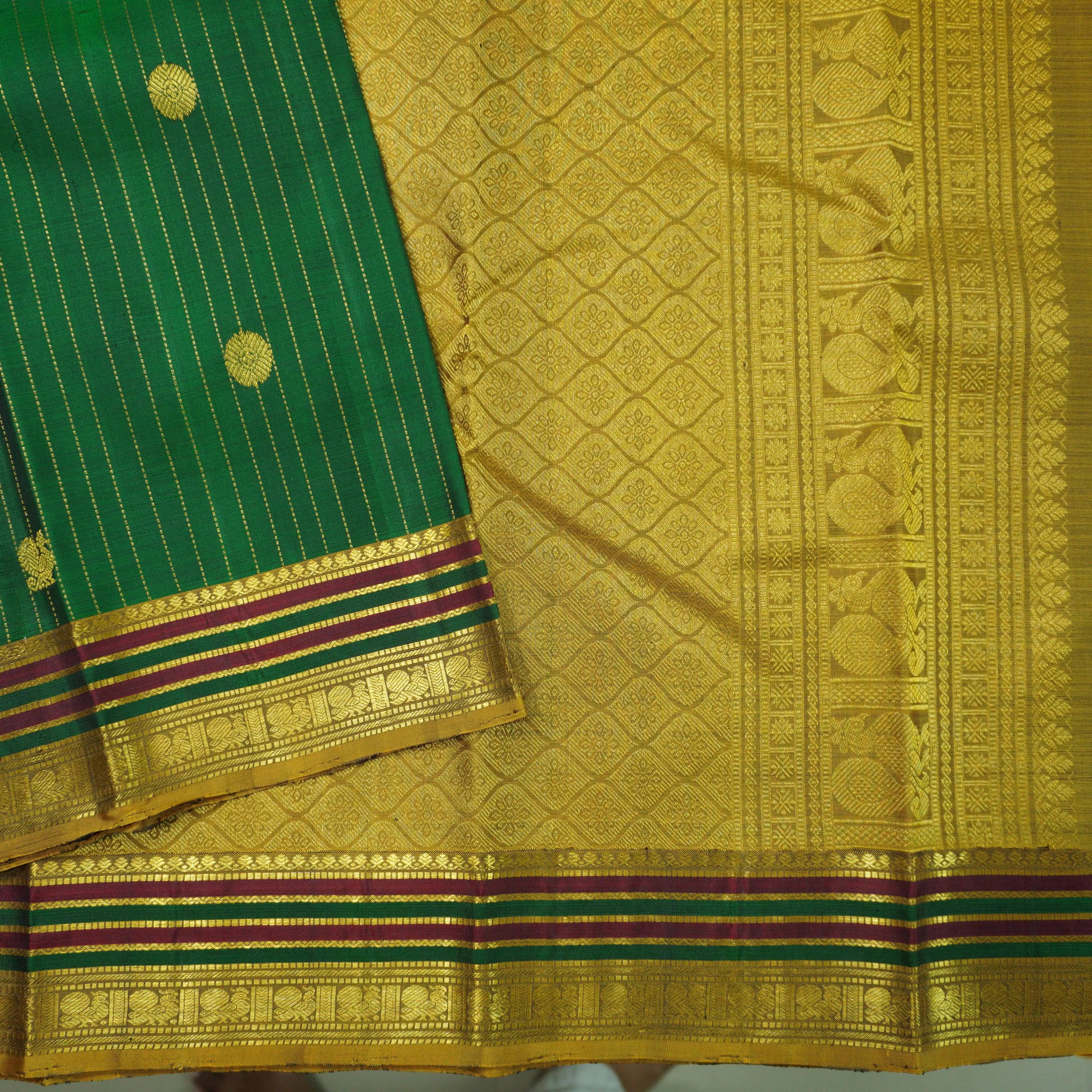 Green Kanchipuram Silk Saree with Zari Butta and Multi-Color Threadwork Border