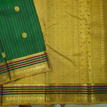 Load image into Gallery viewer, Green Kanchipuram Silk Saree with Zari Butta and Multi-Color Threadwork Border
