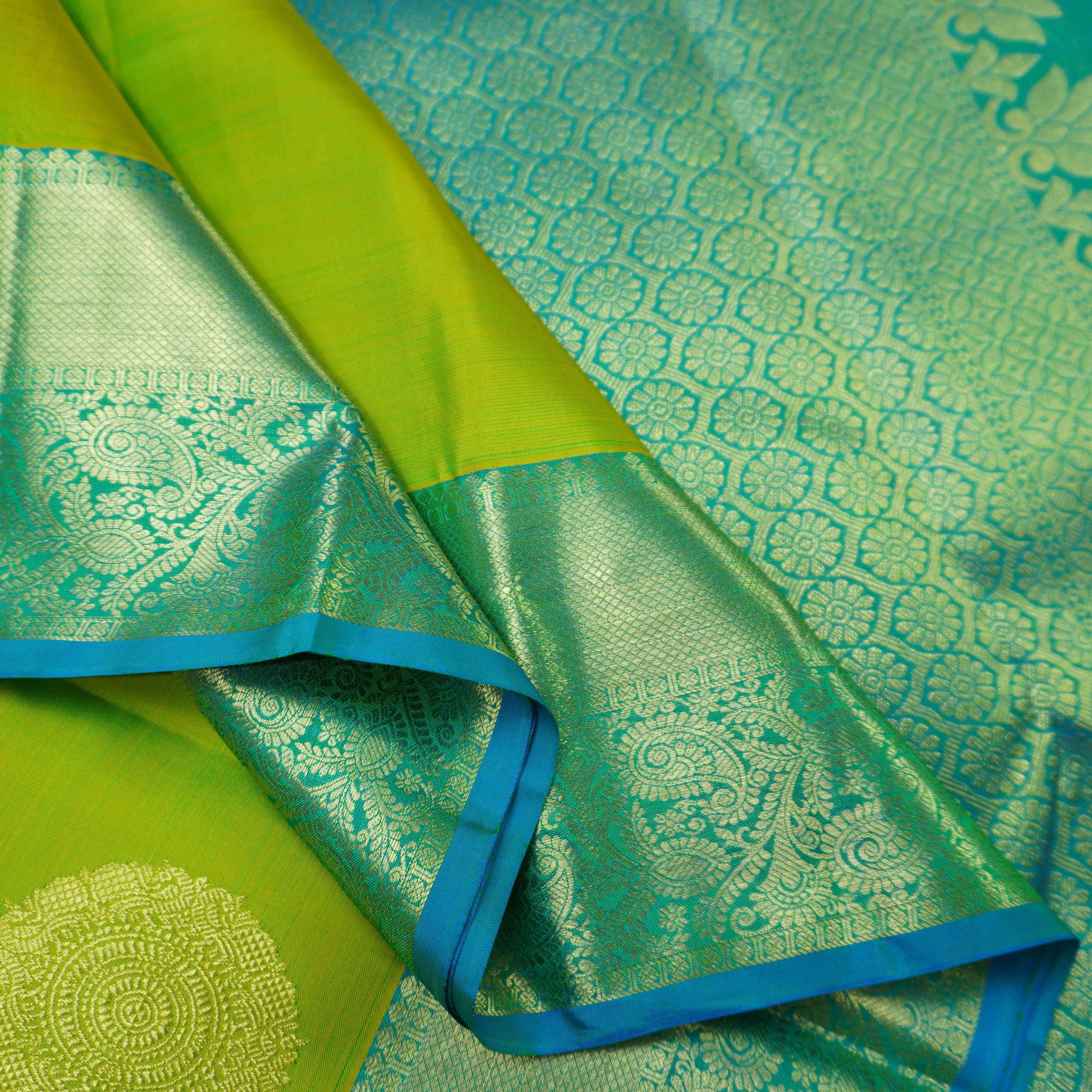 Lime Green Kanchipuram Silk Saree with Gold Zari Butta & Ananda Border