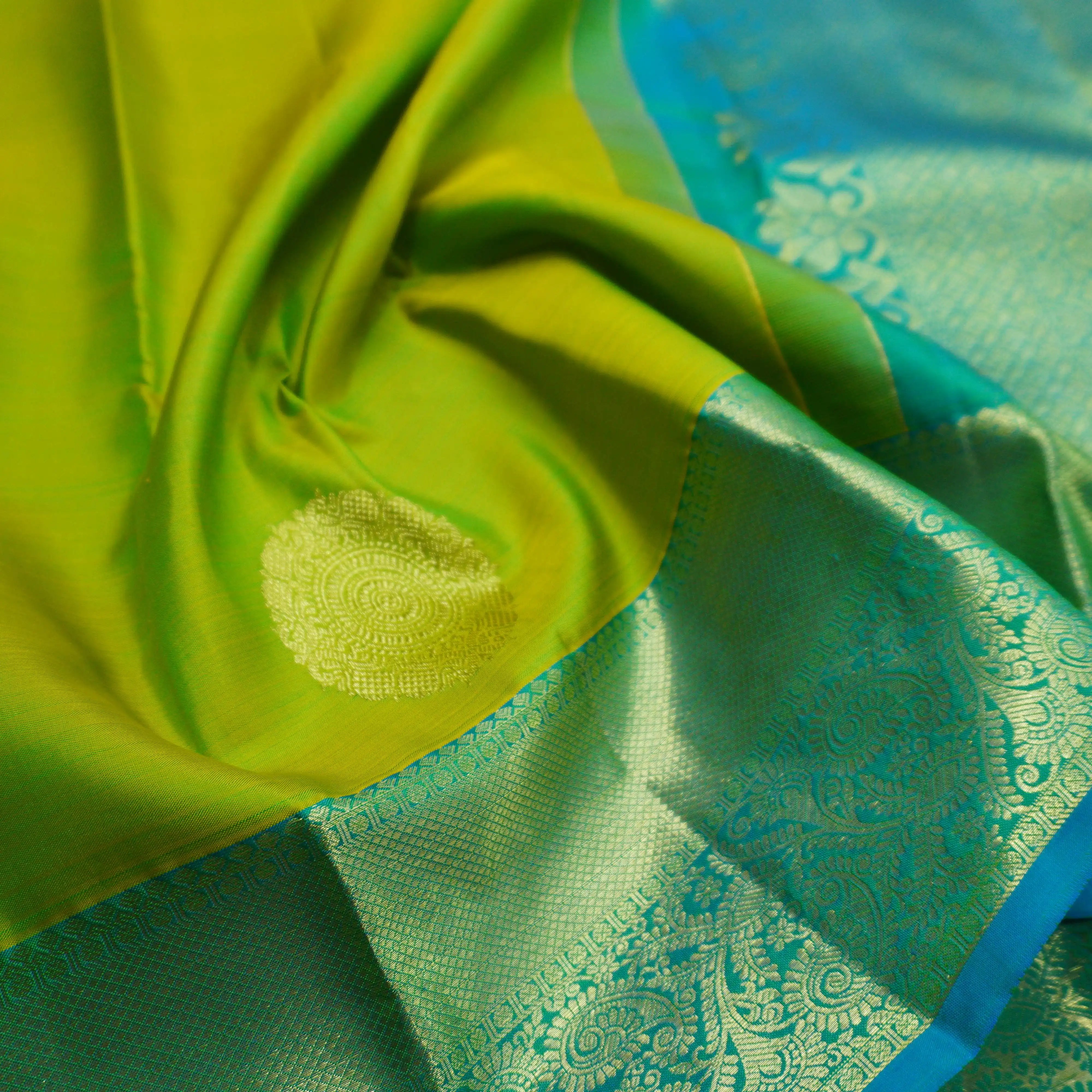 Lime Green Kanchipuram Silk Saree with Gold Zari Butta & Ananda Border