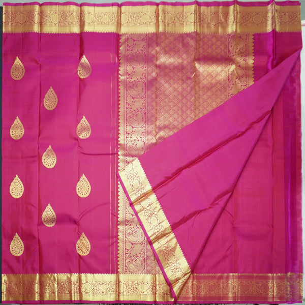 Rani Pink Kanchipuram Silk Saree with Paisley Motif and Floral Border