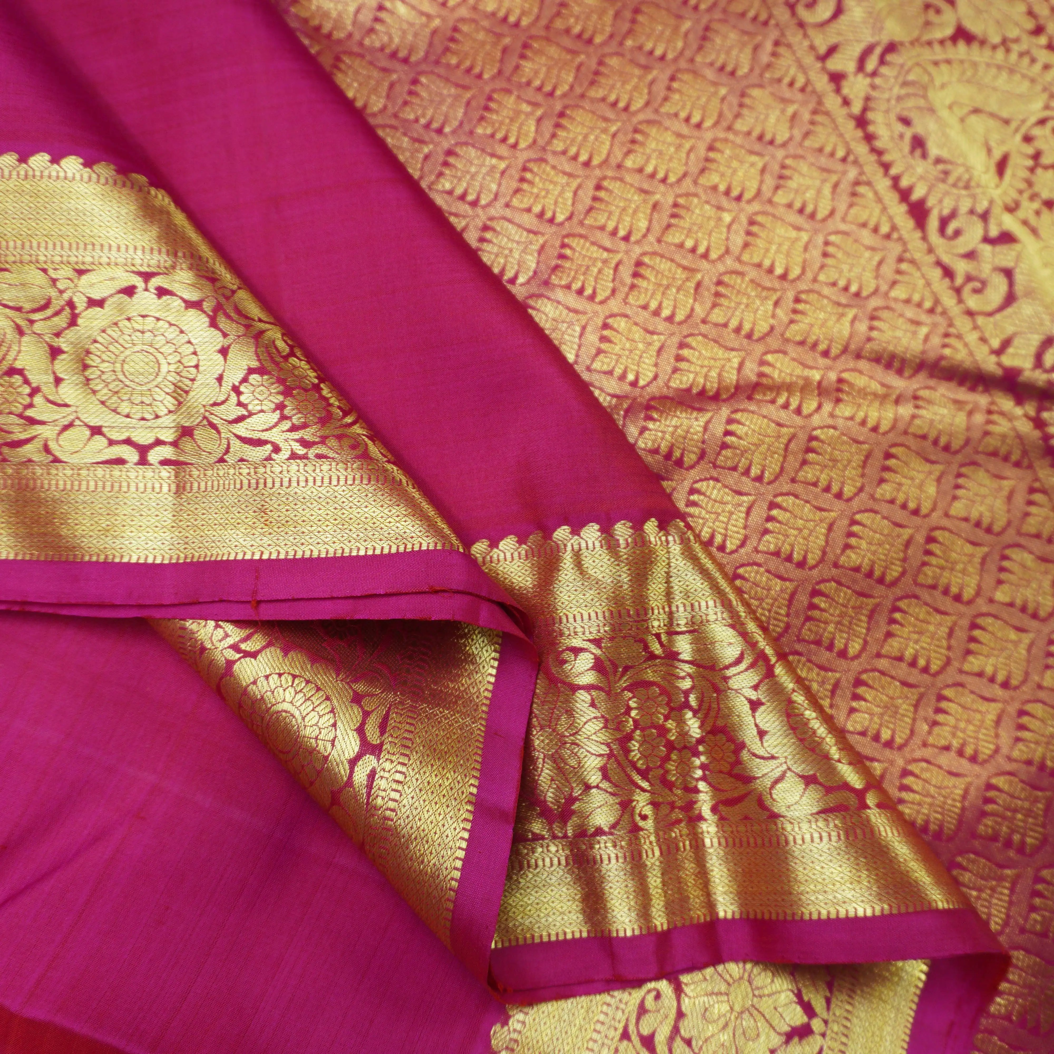 Rani Pink Kanchipuram Silk Saree with Paisley Motif and Floral Border