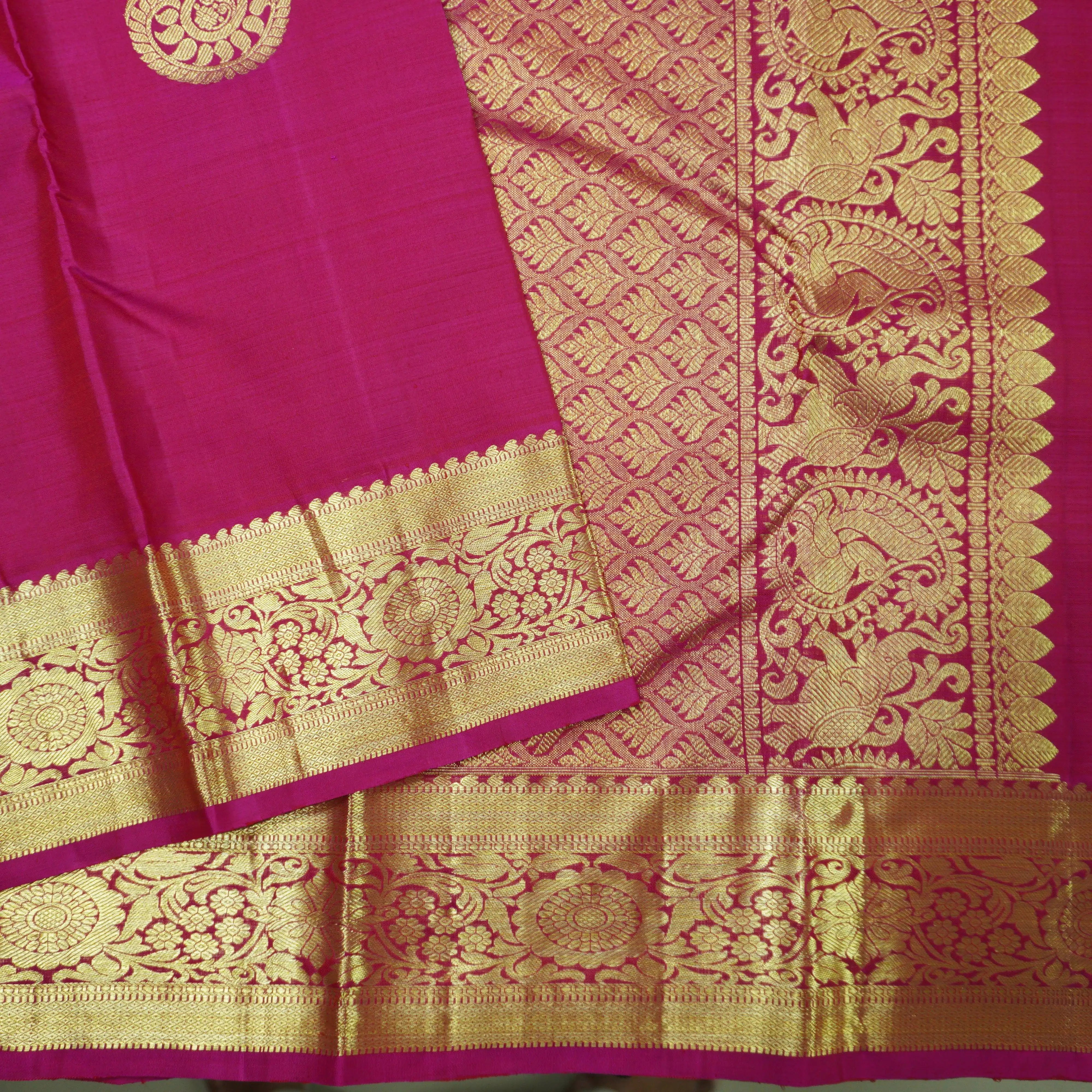 Rani Pink Kanchipuram Silk Saree with Paisley Motif and Floral Border