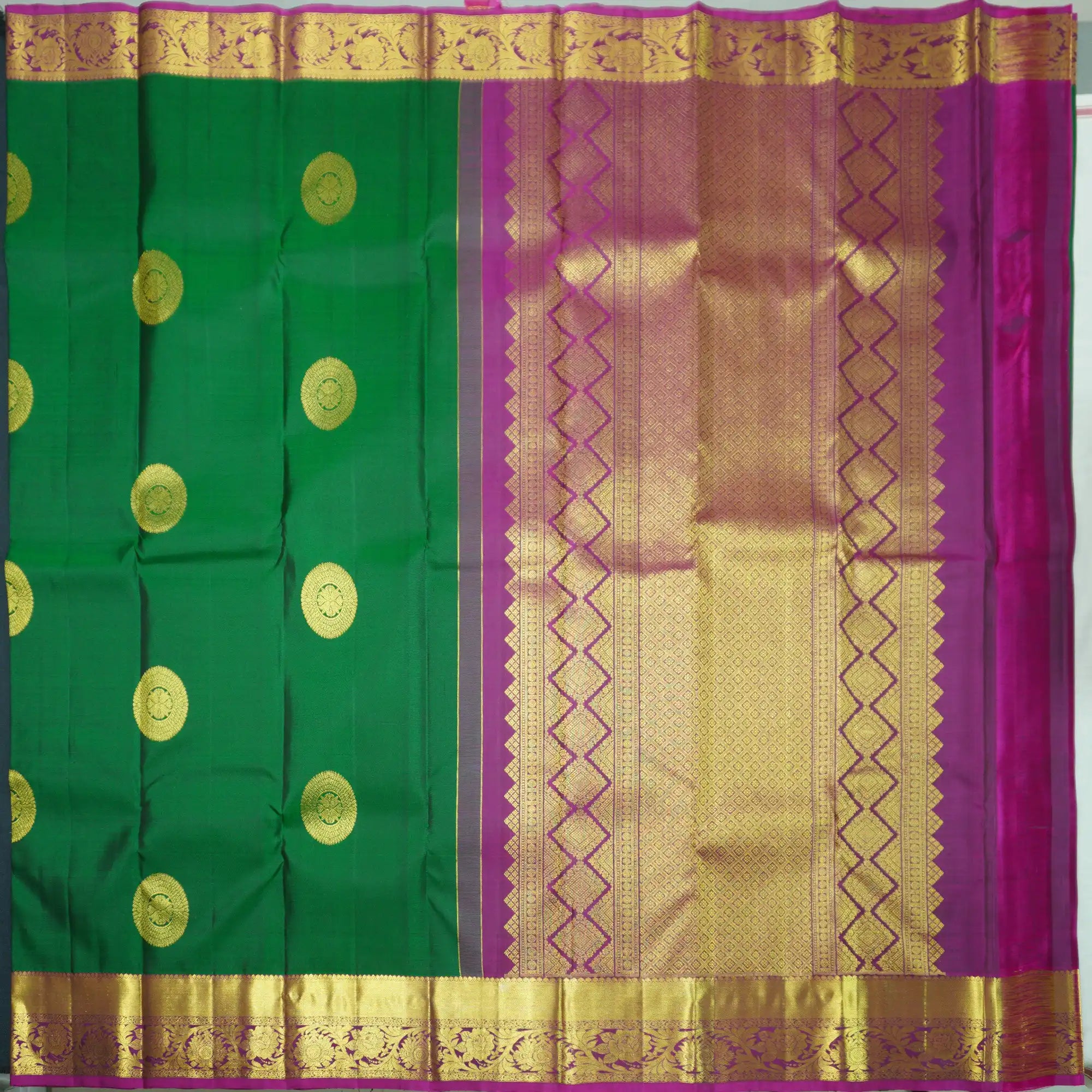 Bottle Green Kanchipuram Handloom Silk Saree with Purple Zari Border