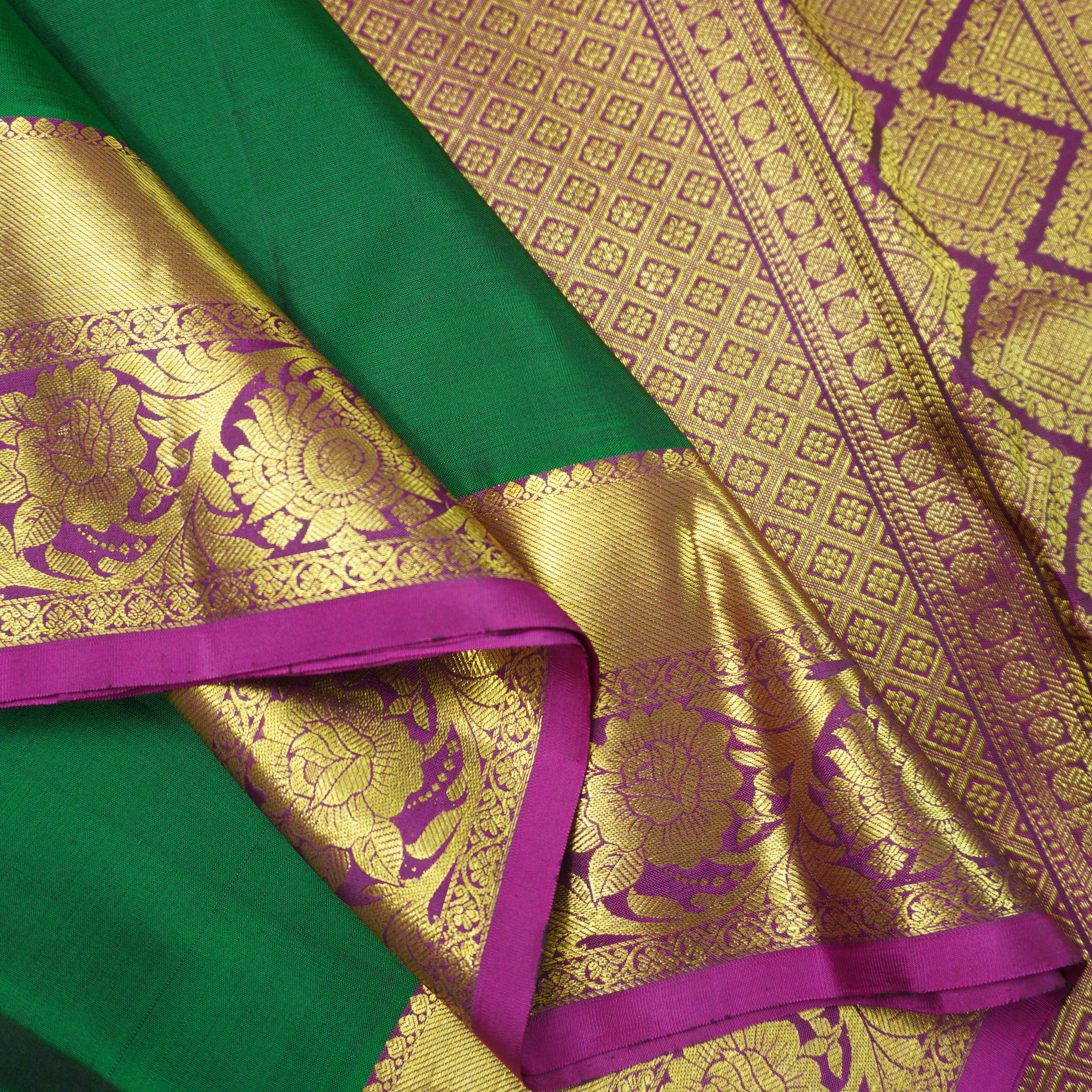 Bottle Green Kanchipuram Handloom Silk Saree with Purple Zari Border