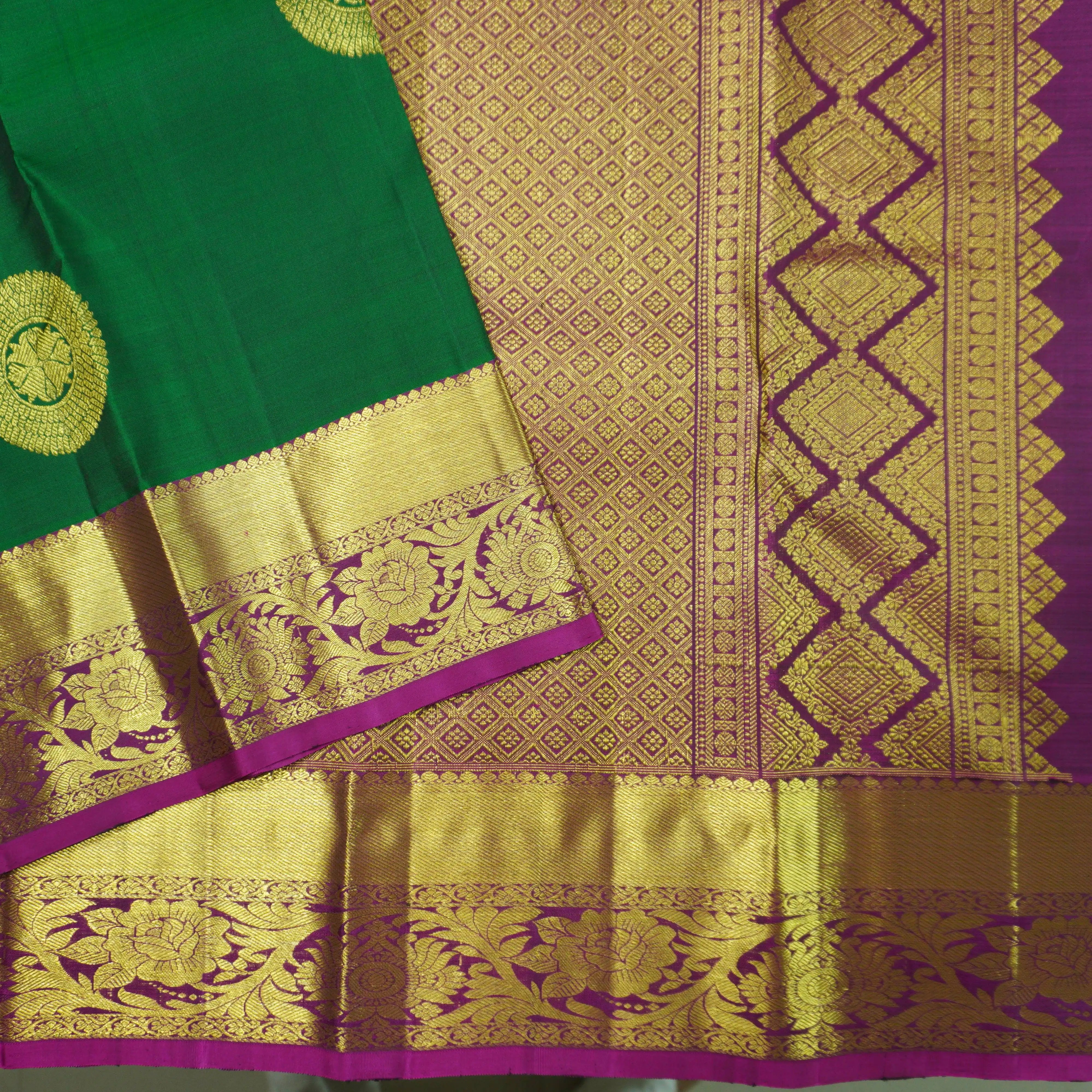 Bottle Green Kanchipuram Handloom Silk Saree with Purple Zari Border