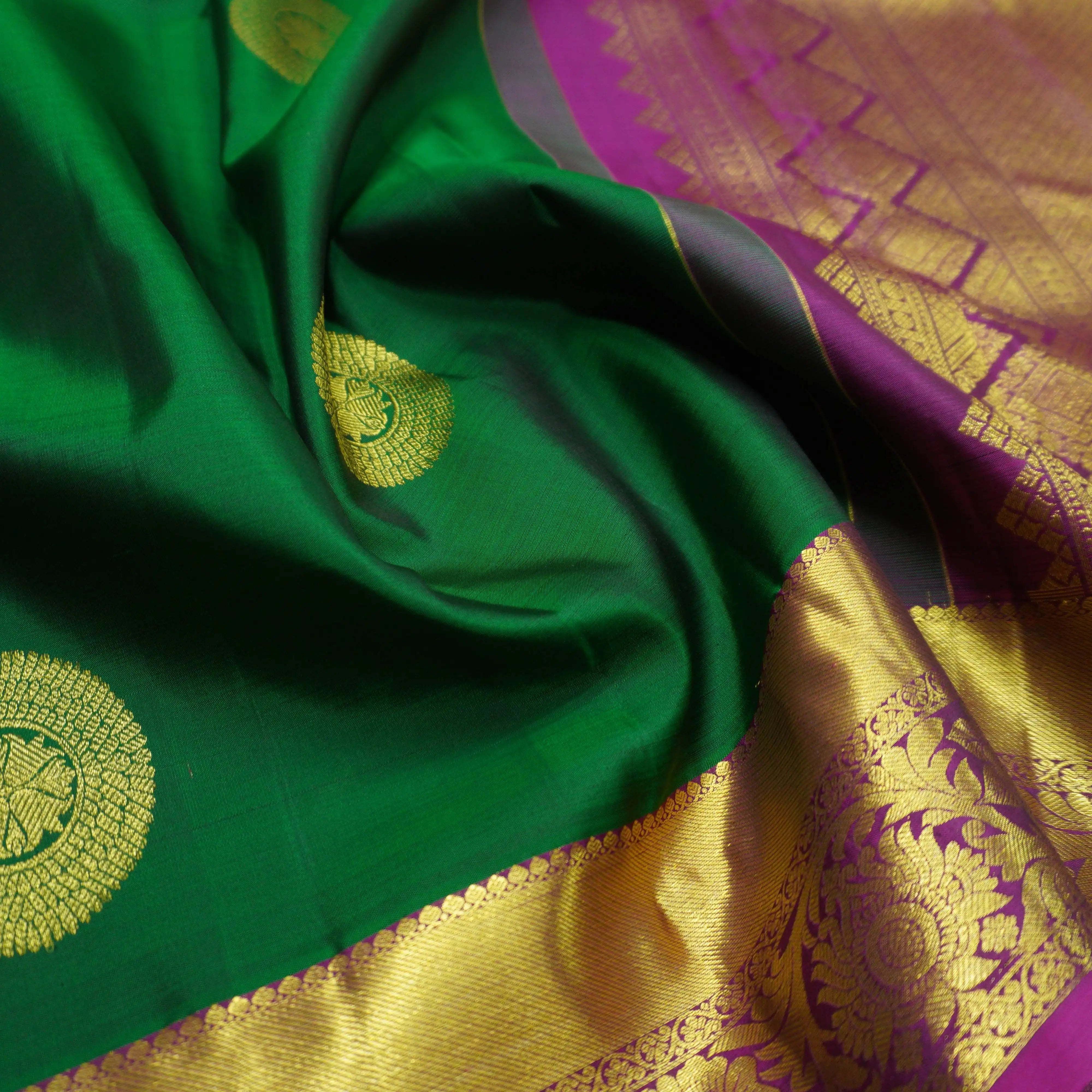 Bottle Green Kanchipuram Handloom Silk Saree with Purple Zari Border