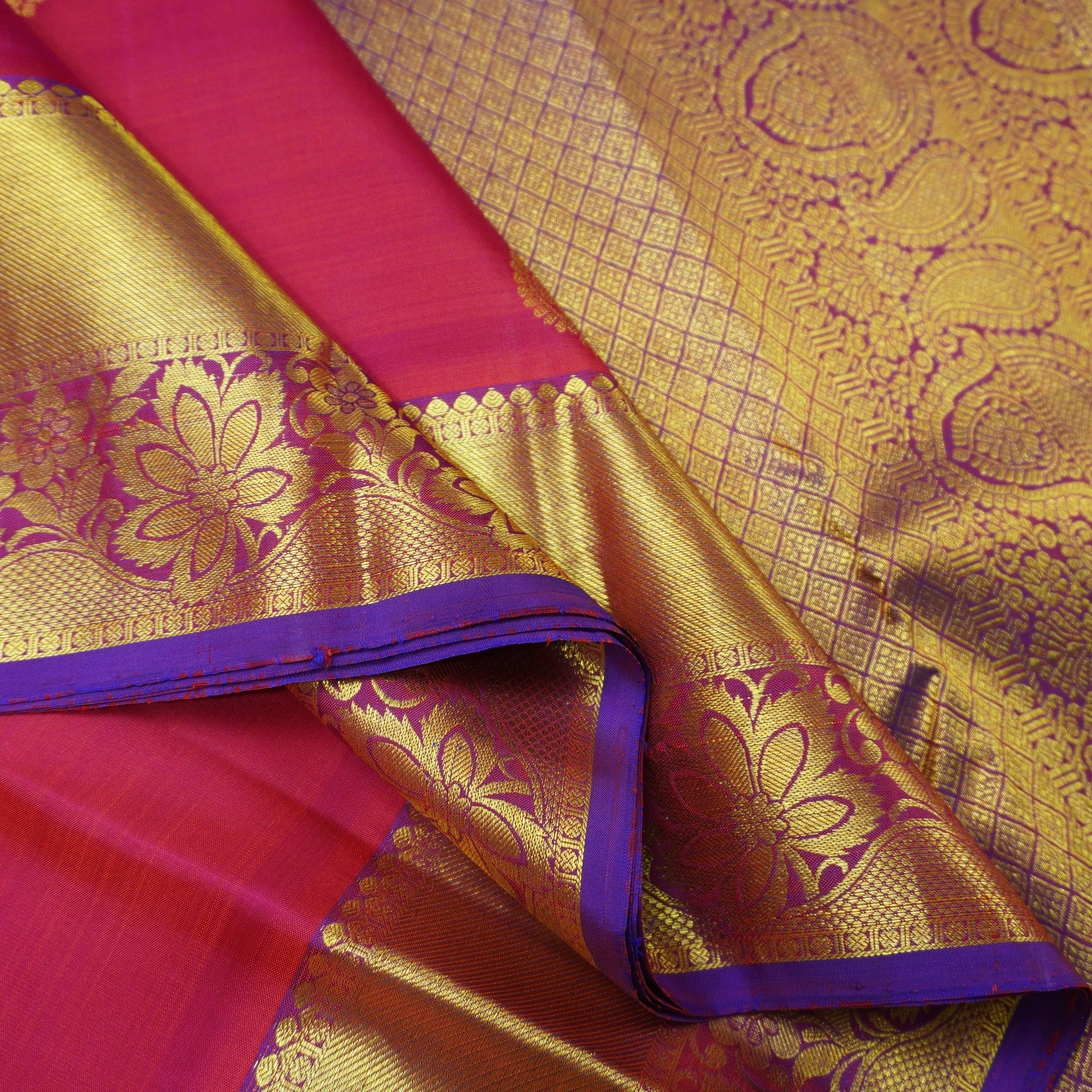 Tomato Red Kanchipuram Silk Saree with Gold Zari Butta and Blue Border