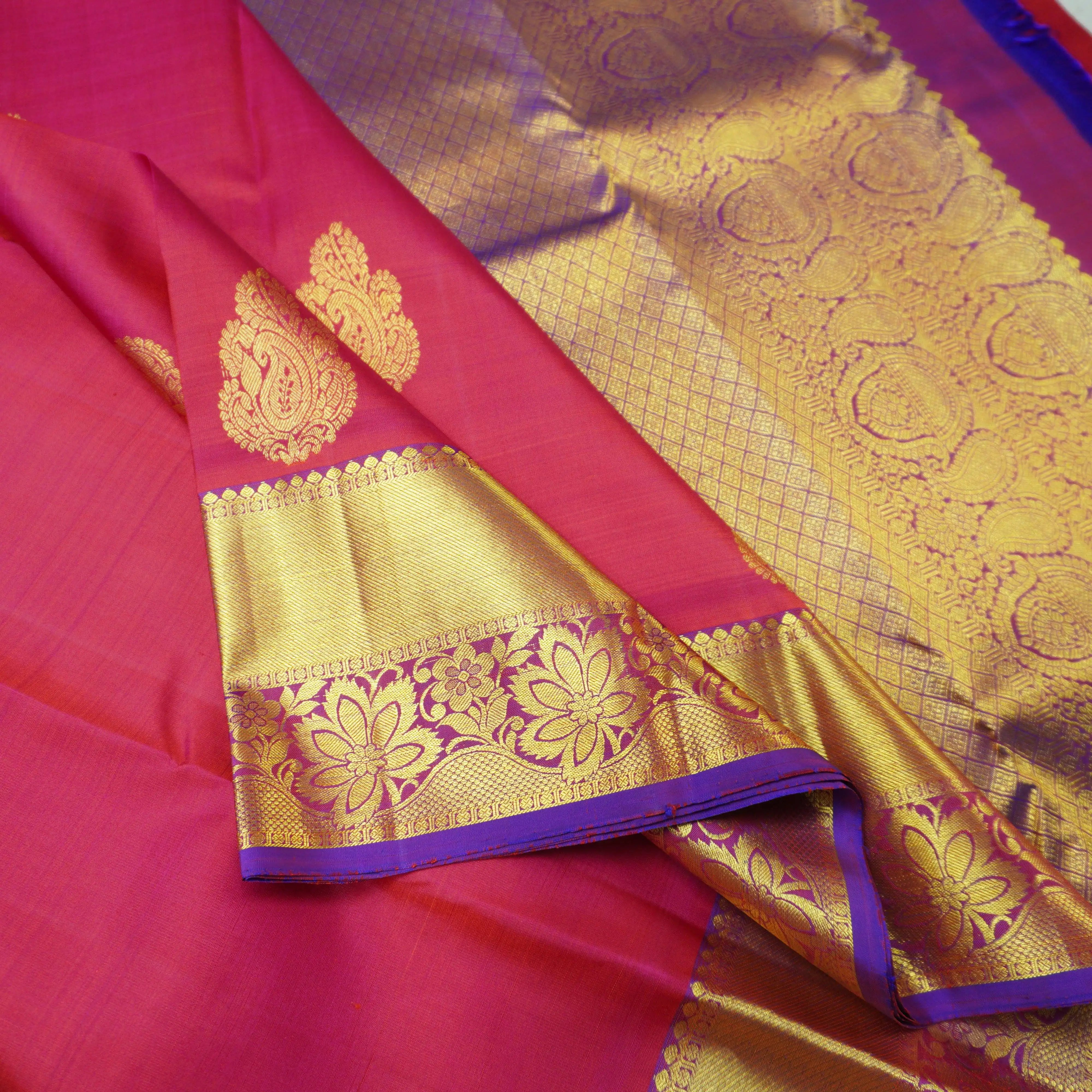 Tomato Red Kanchipuram Silk Saree with Gold Zari Butta and Blue Border