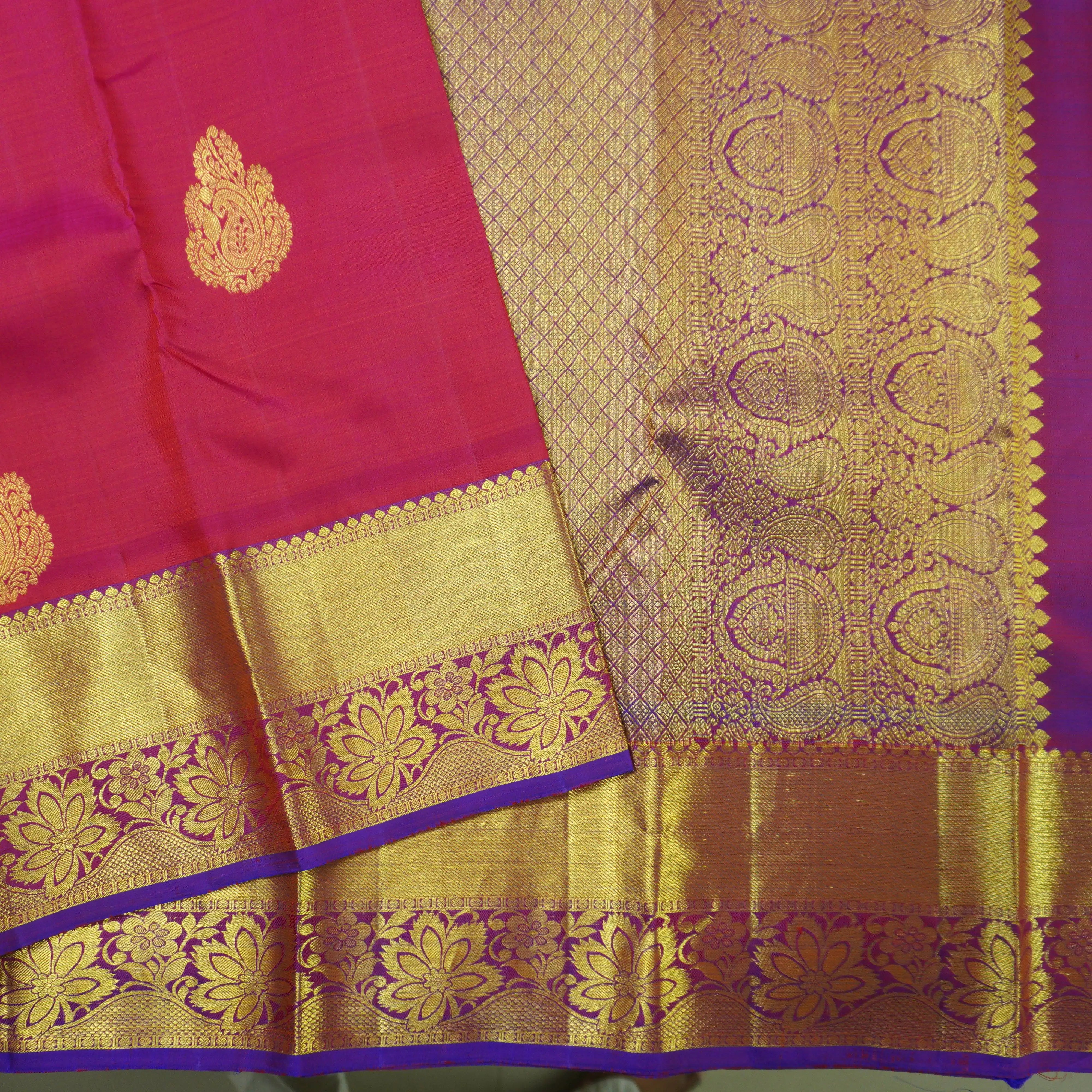 Tomato Red Kanchipuram Silk Saree with Gold Zari Butta and Blue Border