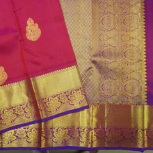 Load image into Gallery viewer, Tomato Red Kanchipuram Silk Saree with Gold Zari Butta and Blue Border
