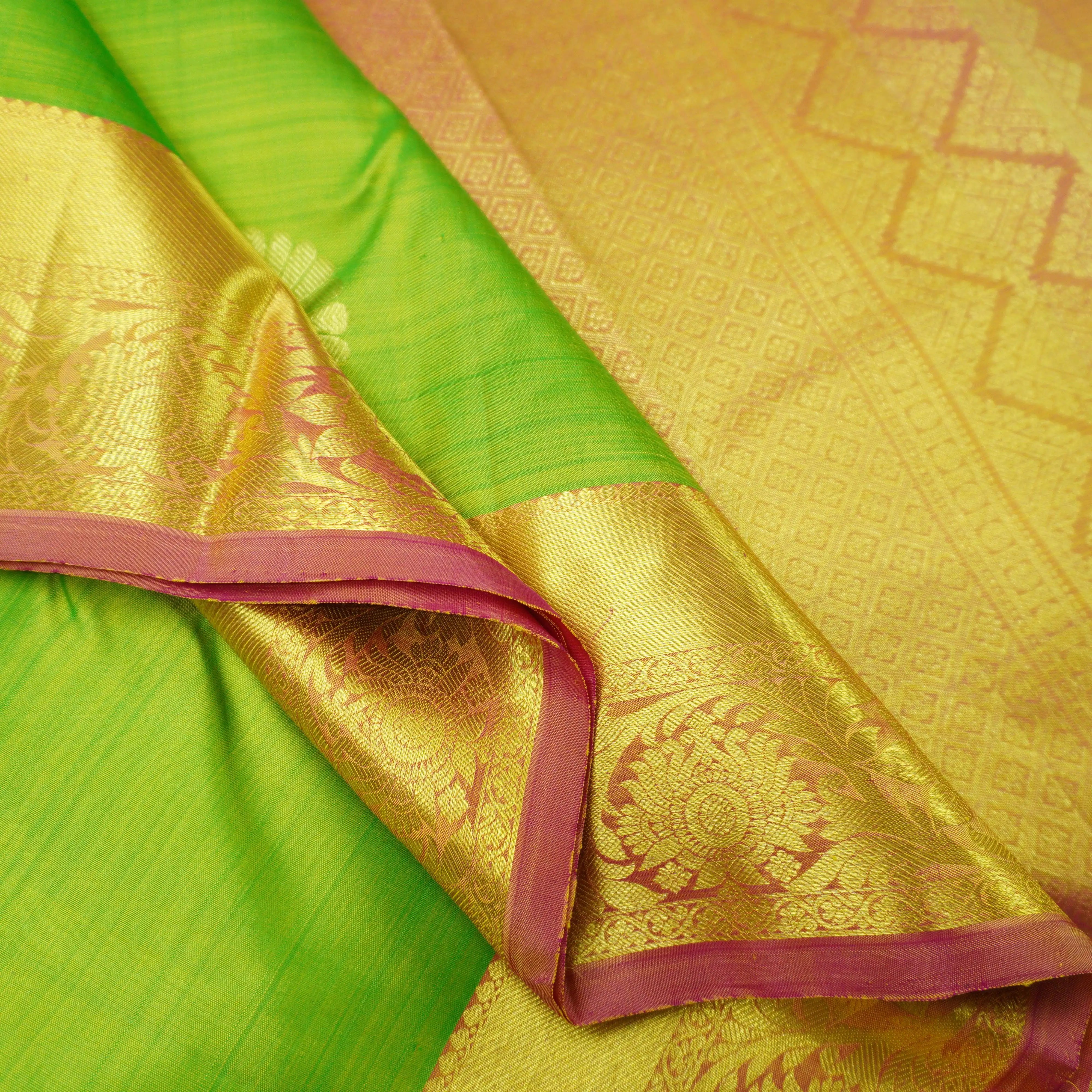 Lime Green Kanchipuram Silk Saree with Gold Zari Motifs and Blush Pink Border