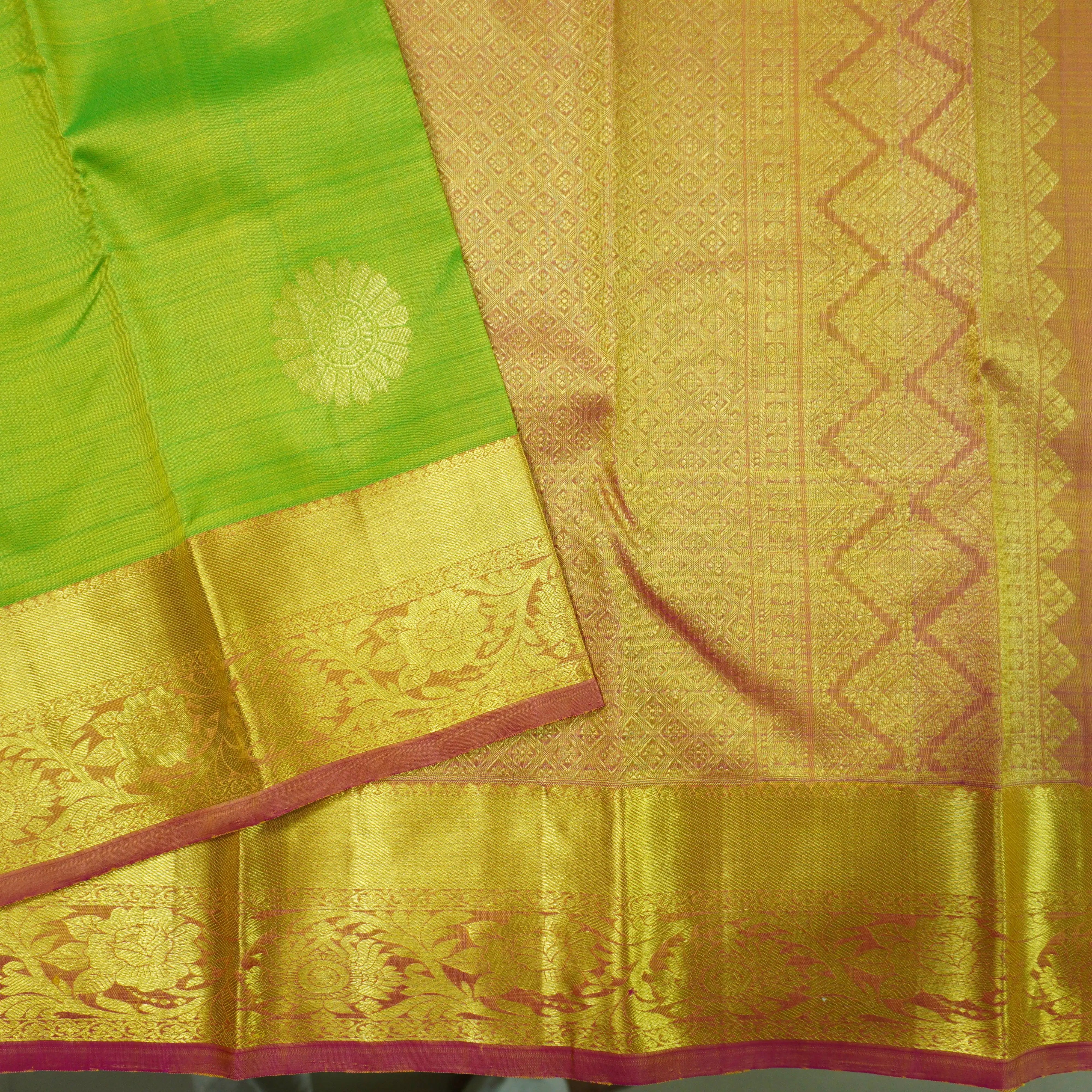 Lime Green Kanchipuram Silk Saree with Gold Zari Motifs and Blush Pink Border