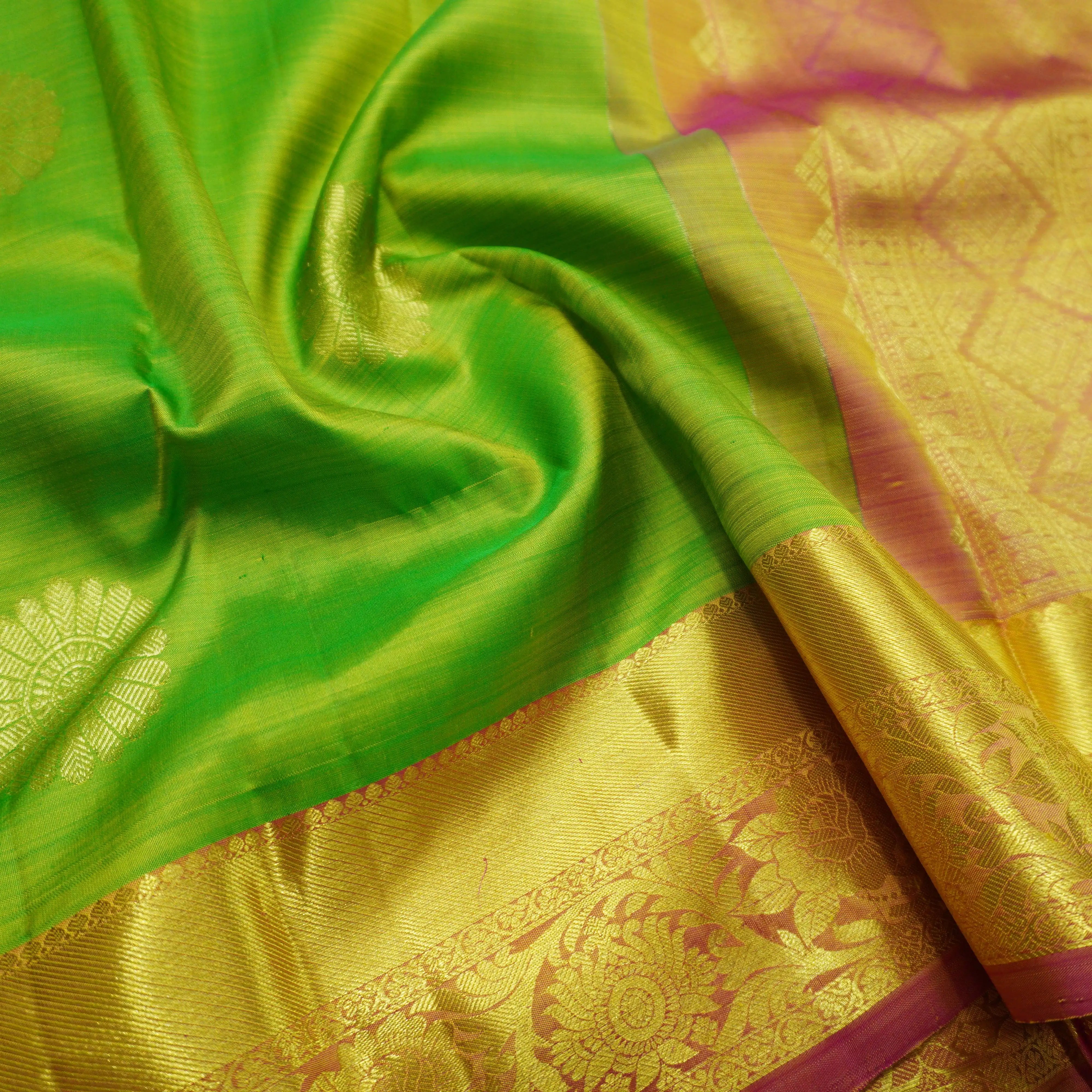 Lime Green Kanchipuram Silk Saree with Gold Zari Motifs and Blush Pink Border