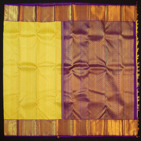 Radiant Lemon Yellow & Violet Bridal Kanchipuram Handloom Silk Saree