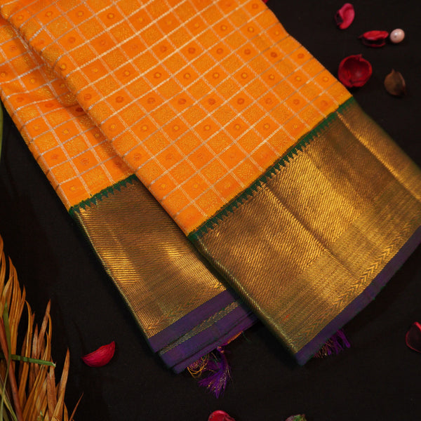 Golden Orange Kanchipuram Silk Saree with Navy Blue Bavanji Border