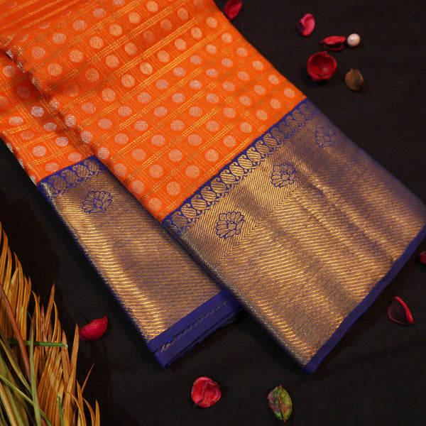 Sunset Orange Kanchipuram Silk Saree with Gold Zari Checks - Vivaaha Silks & Sarees
