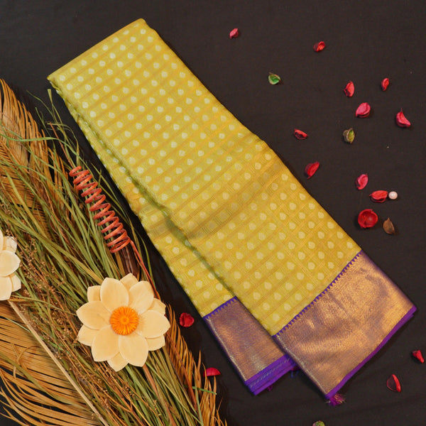 Pista Green Kanchipuram Silk Saree with Gold Zari Checks and Navy Border - Vivaaha Silks & Sarees