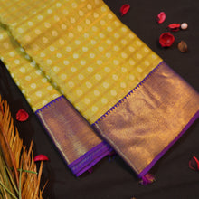 Load image into Gallery viewer, Pista Green Kanchipuram Silk Saree with Gold Zari Checks and Navy Border
