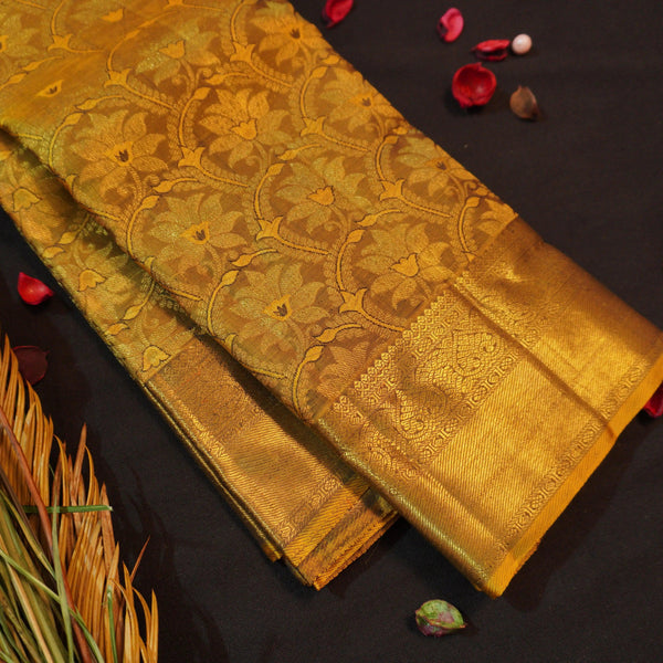 Fenugreek Bridal Kanchipuram Silk Saree with Zari Brocade & Traditional Design - Vivaaha Silks & Sarees
