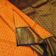 Load image into Gallery viewer, Golden Orange Kanchipuram Silk Saree with Navy Blue Bavanji Border
