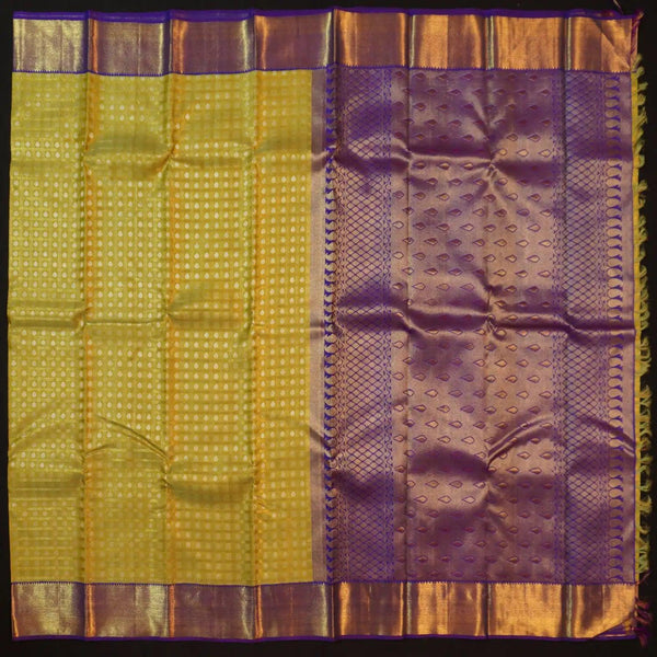 Pista Green Kanchipuram Silk Saree with Gold Zari Checks and Navy Border - Vivaaha Silks & Sarees