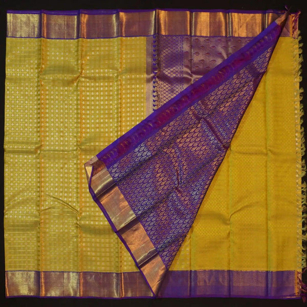 Pista Green Kanchipuram Silk Saree with Gold Zari Checks and Navy Border - Vivaaha Silks & Sarees