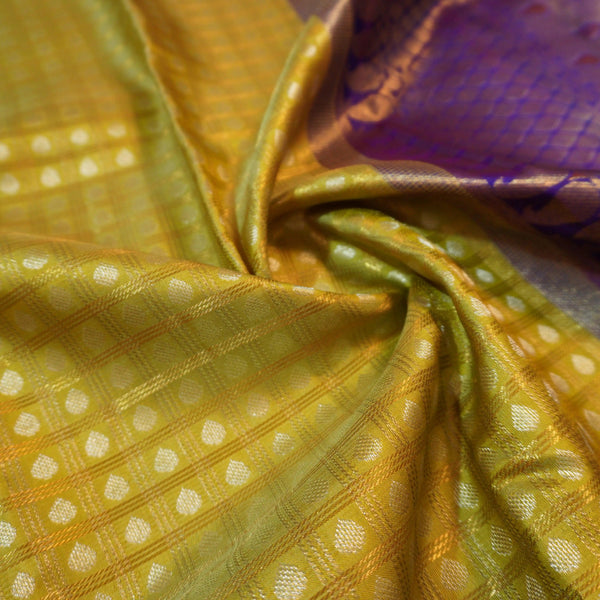 Pista Green Kanchipuram Silk Saree with Gold Zari Checks and Navy Border - Vivaaha Silks & Sarees