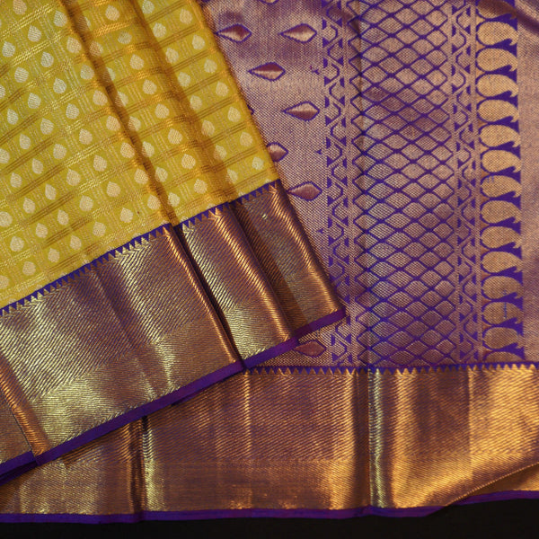 Pista Green Kanchipuram Silk Saree with Gold Zari Checks and Navy Border - Vivaaha Silks & Sarees