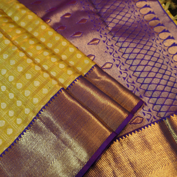 Pista Green Kanchipuram Silk Saree with Gold Zari Checks and Navy Border - Vivaaha Silks & Sarees