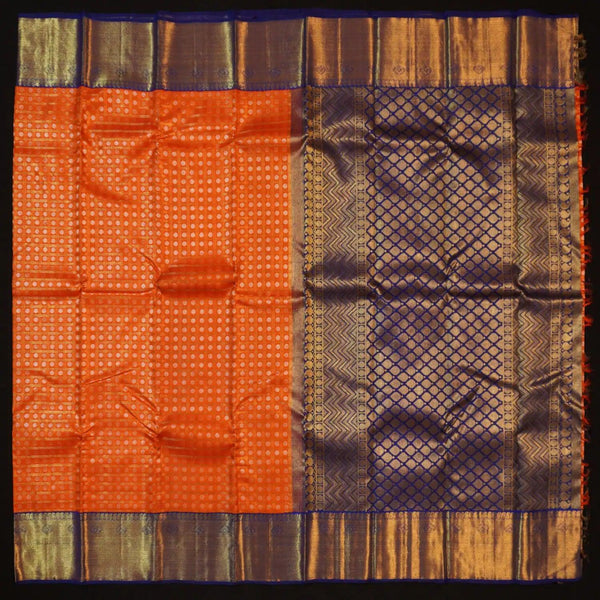 Sunset Orange Kanchipuram Silk Saree with Gold Zari Checks - Vivaaha Silks & Sarees
