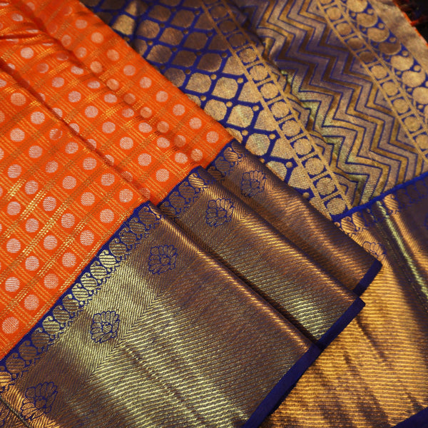 Sunset Orange Kanchipuram Silk Saree with Gold Zari Checks - Vivaaha Silks & Sarees