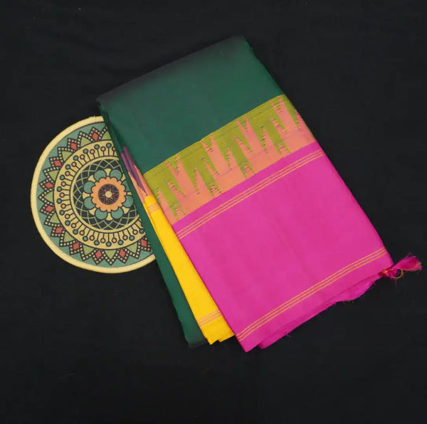 Bottle Green Ganga Jamuna Border Kanchipuram Silk Saree with Temple Border
