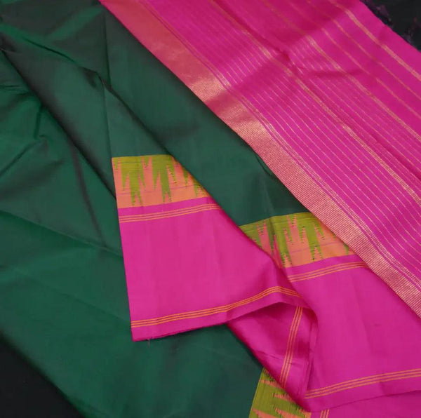 Bottle Green Ganga Jamuna Border Kanchipuram Silk Saree with Temple Border - Vivaaha Silks & Sarees