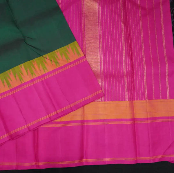 Bottle Green Ganga Jamuna Border Kanchipuram Silk Saree with Temple Border - Vivaaha Silks & Sarees