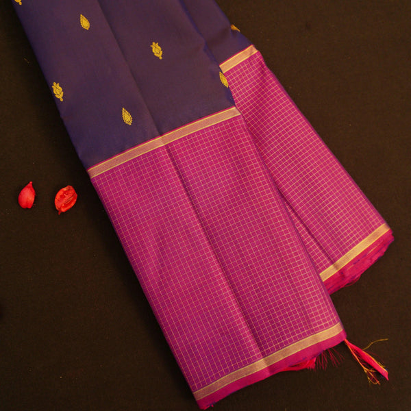 Navy Blue with Zari Checks Purple Border Silk Saree