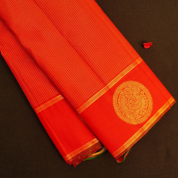Chilli Red with Zari Checks Kanchipuram Silk Saree