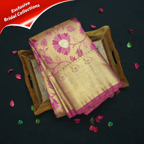 Full Gold Pure Zari Rani Pink Meenakari Brocade Bridal Tissue Saree
