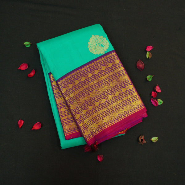 Rama Green with Purple Korvai Border Silk Saree