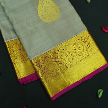 Load image into Gallery viewer, Elephant gray Kanchipuram silk saree with magenta border, gold thilagam motifs on the body, and rich zari pallu – traditional wedding saree from Vivaaha Silks.
