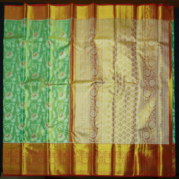 Full Tissue Green Exclusive Kanchipuram Silk Saree with Floral Zari Brocade - Vivaaha Silks & Sarees
