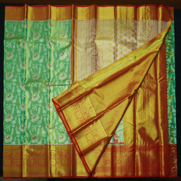Full Tissue Green Exclusive Kanchipuram Silk Saree with Floral Zari Brocade - Vivaaha Silks & Sarees