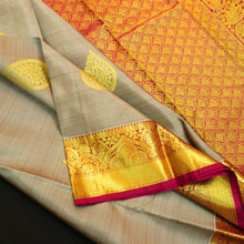 Load image into Gallery viewer, Elephant gray Kanchipuram silk saree with magenta border, gold thilagam motifs on the body, and rich zari pallu – traditional wedding saree from Vivaaha Silks.
