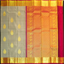 Load image into Gallery viewer, Elephant gray Kanchipuram silk saree with magenta border, gold thilagam motifs on the body, and rich zari pallu – traditional wedding saree from Vivaaha Silks.
