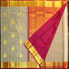 Load image into Gallery viewer, Elephant gray Kanchipuram silk saree with magenta border, gold thilagam motifs on the body, and rich zari pallu – traditional wedding saree from Vivaaha Silks.
