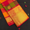 Classic Palum Pazham Kattam Kanchipuram silk saree from Vivaaha Silks with mango and thilagam butta, annam motif border, and rich red zari pallu.